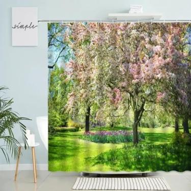 Imagem de Cortina de chuveiro com cenário natural, jardim, lago, estrada, plantas, flores, primavera, paisagem, banheiro, decoração, gancho, tela impermeável, 183 x 214 cm/LxA, cortina de banheira à prova