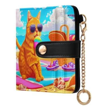 Imagem de STAYTOP Carteira feminina pequena para gatos à beira-mar, com bloqueio de RFID, de couro macio, dobrável, compacta, porta-cartões com zíper, bolso para moedas, janela para identidade