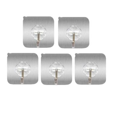 Imagem de NevStp 1-10 peças ganchos autoadesivos fortes de aço inoxidável transparente para armazenamento de chaves para cozinha, banheiro, porta, parede, multifuncional, prateado, 5 peças