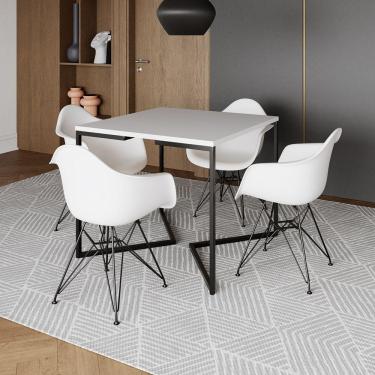 Imagem de Mesa Industrial Jantar Quadrada Branca 90Cm Base V Com 4 Poltronas Brancas Ferro Preto Branco
