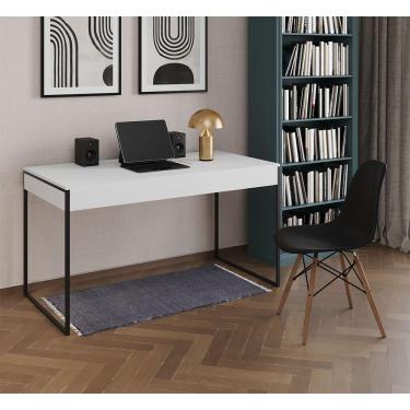 Imagem de Mesa De Escritório Industrial Branca 137X53Cm Base Ferro Preto Com 1 Cadeira Pretae