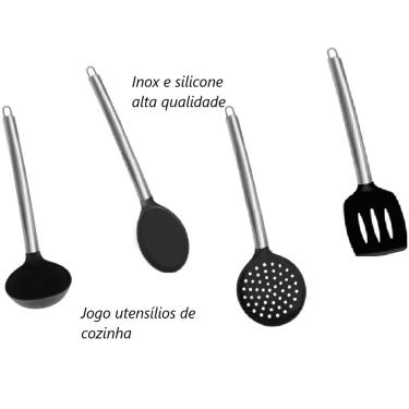 Imagem de Utensílios de cozinha preto kit 4 unidades silicone e aço inox colher concha espatula escumadeira