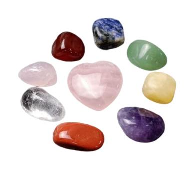 Imagem de Conjunto de 8 pedras de cura de chacras com cristais de cura e meditação natural irregular Reiki, terapia de ioga, pedras preciosas para 7 chacras, equilíbrio 1 cristal rosa em forma de coração para mulheres e homens SX075