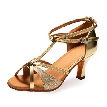 Imagem de Dress First Sapatos de dança femininos latino salsa bachata sapatos de camurça sola de casamento desempenho sapatos de dança 7,9 cm salto, Dourado, 38