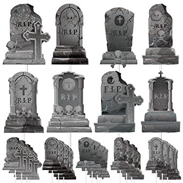 Imagem de Whaline 24 peças de topos de cupcake de Halloween, 8 desenhos, topos de bolo de cemitério, enfeite de cupcake, palitos para aperitivos para artigos de festa