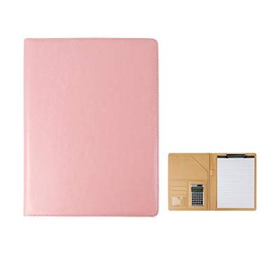 Imagem de Yajun Pasta de arquivos de couro PU com calculadora multifuncional organizador de materiais de escritório almofadas de documentos pasta de conferência para viagem de negócios, rosa