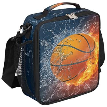 Imagem de Lancheira de basquete infantil Fire Basketball esportiva com isolamento térmico para meninas e meninos, bolsa de preparação de refeições congelável com alça de ombro à prova d'água para escola,