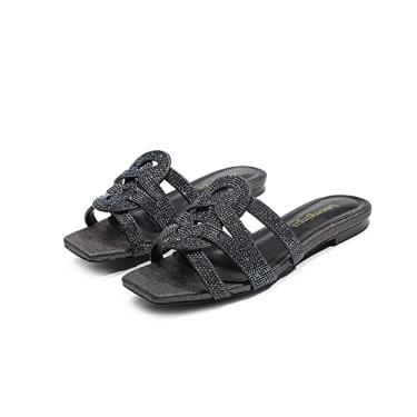 Imagem de Sandálias de verão com strass e sapatos de couro para mulheres planas com sandálias confortáveis ​​para praia e férias (Color : Black, Size : 41EU)