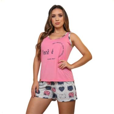 Imagem de Pijama Feminino Verão Malha Fria Pv Short Curto Estampado Regata rosa/Short estampado - Tamanho XG Plus Size - Veste 52