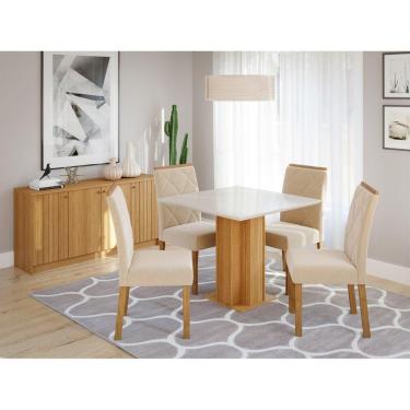 Imagem de Sala de Jantar Sophia Tampo Mdf/vidro 0,95cm com 4 Cadeiras Fernanda Wood marrom/off white/madeira/nude