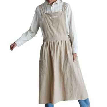 Imagem de Uteynee Avental de linho de algodão cruzado nas costas para mulheres com bolsos, avental de babados para cozinha e jardim masculino (bege), Bege, G