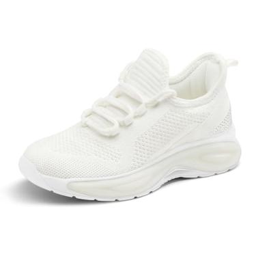 Imagem de RUNSIDE Tênis de corrida para meninas, leve, com cadarço, respirável, para crianças, crianças pequenas e grandes, Branco, 16