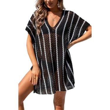 Imagem de Camisa de praia Crochê Maiô Cover Up, Listrado Oco Out Verão Oco Solto Biquíni Praia Camisa Suéter type3