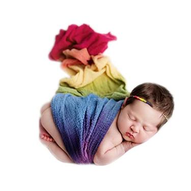 Imagem de Coberllus Adereços de fotografia de recém-nascidos cobertor longo ondulado de sete cores para acessórios de fotos de bebês, roupa de recém-nascido, sessão de fotos, faixa de arco-íris, Multicor, M