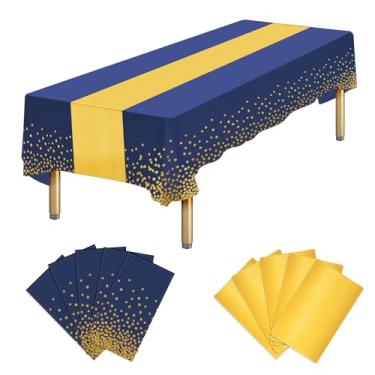 Imagem de Pacote com 10 toalhas de mesa descartáveis, retangulares e de cetim, toalha de mesa de plástico azul descartável e passadeira de mesa dourada para aniversário, chá de bebê, Natal, casamento, festa de