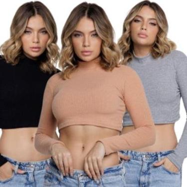 Imagem de KIT 3 Cropped Manga Longa Canelado Gola Alta Bella Fiore Conforto Blogueira Moda Casual-Feminino