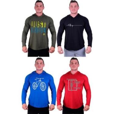 Imagem de Kit 4 Camisetas Manga Longa com Touca Longline Estampada Fitness Musculação Dia-a-Dia-Masculino
