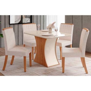 Imagem de Conjunto: Mesa de Cozinha Luiza SC42 Tampo Madeirado c/ Vidro Canto Curvo 120x80cm e 4 Cadeiras Tauá Nature/Linho - Henn