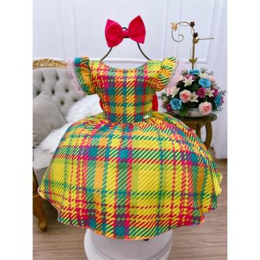 Imagem de Vestido Infantil Verde Lima Colorido Xadrez C/ Laço Luxo - BANANA CLUB