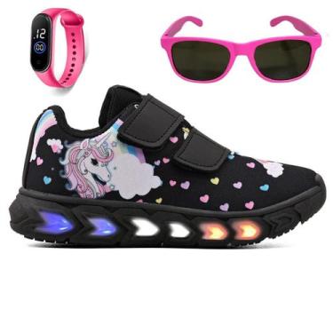 Imagem de Kit Tenis de Led Infantil Meninas Unicornio Confortavel e Oculos e Rel