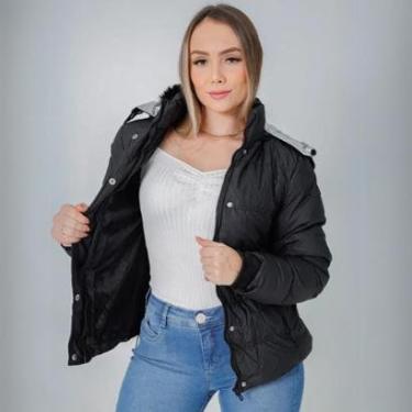 Imagem de Jaqueta Nylon Puffer Forrada Impermeável Capuz Com Pelinho Feminina-Feminino