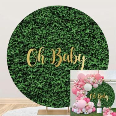 Imagem de Laeacco 2 x 2 m Greenery Oh Baby capa de fundo redonda para decoração de chá de bebê, folhas verdes, círculo, parede, natureza, arco, pano de fundo para recém-nascido, revelar o sexo da Grã-Bretanha,