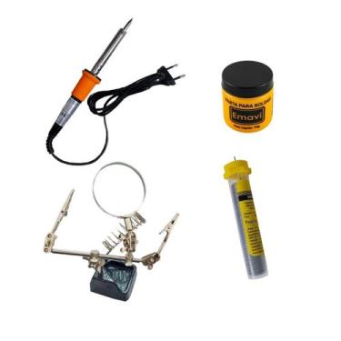 Imagem de Kit Ferro de Solda 110V 60W Fio de Estanho Lupa C/ Garras soldador ele