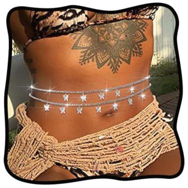 Imagem de Urieo Corrente de cintura de cristal borboleta em camadas de prata strass correntes de barriga verão praia acessórios para mulheres e meninas