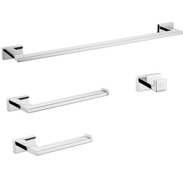 Imagem de Acessórios para banheiro em aço inoxidável dourado escovado - Suporte redondo para papel higiênico, ganchos para toalhas, conjunto de 4 peças cromado