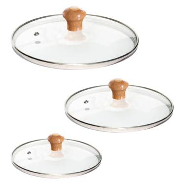 Imagem de Kit 3 Tampas de vidro 12, 18 e 20cm temperado para panelas e frigideiras (Pomel de Madeira)
