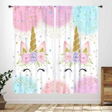 Imagem de Cortinas de unicórnio para quarto de meninas, fantasia rosa, princesa, unicórnio, tratamentos para meninas, crianças, quarto de bebê, sala de estar, berçário, 2 painéis, 139 x 163 cm