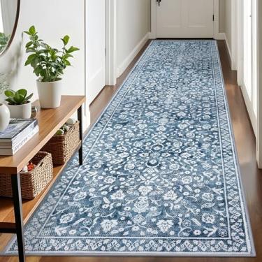 Imagem de SILOLOOM Tapetes de corredor vintage para corredor 7,5 x 25,4 cm, azul e branco, lavável, tapete antiderrapante, tapete de corredor de cozinha super macio, estampa floral de lã sintética, tapete fino