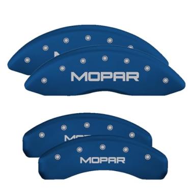 Imagem de Capas de pinça de freio MGP compatíveis com Jeep Grand Cherokee 2011-21, WK 2022 (requer 43 cm + rodas) acabamento revestido com pó azul, logotipo Mopar gravado, capas de pinça dianteiras e traseiras