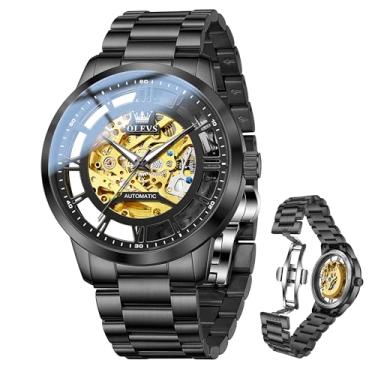 Imagem de OLEVS Relógios automáticos masculinos esqueleto luxuoso vestido dourado de aço inoxidável, relógio masculino mecânico à prova d'água com ponteiros luminosos - presente ideal, 6728: pulseira preta e