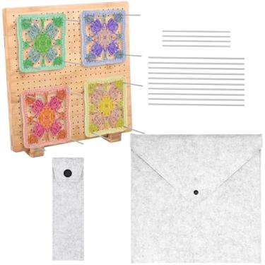Imagem de Placa de bloqueio de crochê de 30 cm, acessórios de crochê com 30 peças de suportes de pinos de aço e bolsa de armazenamento, tapete de bloqueio de tricô quadrado de madeira de bambu para presente
