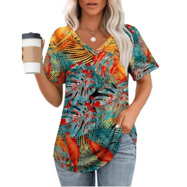 Imagem de Camiseta OFEEFAN Beach Vacation para mulheres com decote em V Floral L