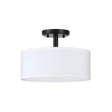 Imagem de Luz de teto de LED para tambor semi-embutida difusor PS com acabamento preto, lustres de tecido branco para bar, sala de jantar, corredor, sala de estar. 12 polegadas 2 luzes