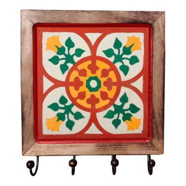 Imagem de Cabideiro Em Madeira Com Ladrilho Hidráulico Porta Chaves Roupas Bolsas Ladrilho B2