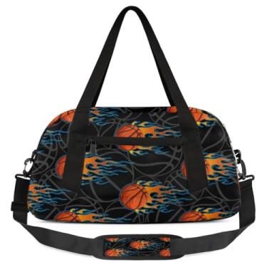 Imagem de Bolsa de viagem de academia para meninos – Bolsa infantil de fim de semana com bolso frontal com zíper para prática escolar, bolsas de mão para adolescentes, Bola de basquete Black Fire, Esportivo