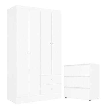 Imagem de Guarda Roupa Solteiro Astro 4 Portas Branco Rosa E Cômoda Gaveteiro Condessa Branco Acetinado - Thb