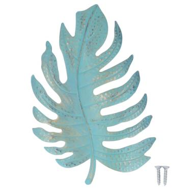Imagem de Metal tropical folha decoração da parede retro azul ferro jardim arte pendurado buraco volta gancho para pátio cerca varanda porta de parede decoração da janela