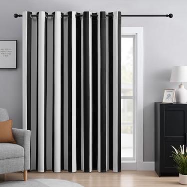 Imagem de BOHOMOCASA Cortinas pretas e brancas listradas 100% blackout para porta deslizante, cortina divisória com redução de ruído com isolamento térmico para porta de pátio, cortinas largas listradas