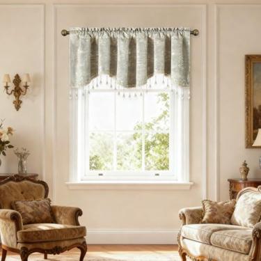 Imagem de VOGOL Sanefas de cozinha de veludo para janelas, acabamento em folha texturizada de mármore para sala de estar, sala de jantar, cortinas de saia recortadas com filtro de luz com bolso de haste, L132 x