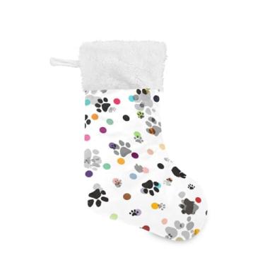 Imagem de Wassud Meia de Natal fofa com punho branco impressões de pata preta 45,7 cm grande para decoração de lareira e cornija de lareira pacote com 2