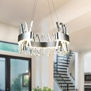 Imagem de Lustre cromado para sala de jantar, lustre de cristal preto polido de 50 cm, lustre redondo moderno com aço inoxidável, luminária para sala de estar, hall de entrada, 3000K (branco quente)