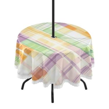 Imagem de CEBUGI Toalha de mesa redonda para uso externo, colorido, quadriculado, impermeável, com furo Umberlla, capa de mesa lavável para pátio, cozinha, sala de jantar, 152 cm