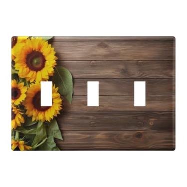 Imagem de Burbuja Capa de placa de parede para interruptor de luz de madeira girassóis, placa decorativa de parede, parafusos incluídos, 3 gangos