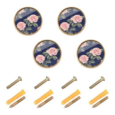 Imagem de Burbuja Roses rosa em maçanetas de armário de cozinha azul marinho, pacote com 4, puxadores redondos de 3,5 cm, puxadores de cômoda com parafusos para armários de cozinha, quarto, armário