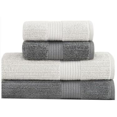 Imagem de Jogo de Toalhas de Banho Fio Penteado Canelado 4 Peças 100% Algodão Alta Absorção Banho e Rosto (Grafite/Prata)
