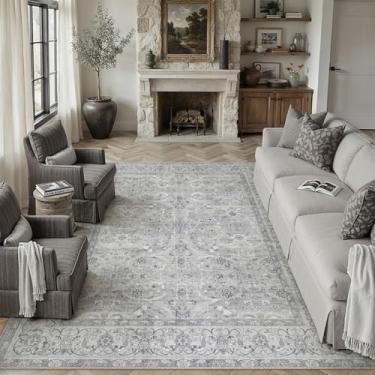 Imagem de PureCozy Tapete de área cinza lavável vintage para sala de estar antiderrapante para quarto de pilha baixa fina grande sala de jantar tapete envelhecido para escritório